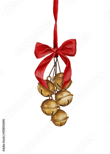 Watercolor jingle bells with red bow. Golden bell with red ribbon. Winter holidays and festive mood.