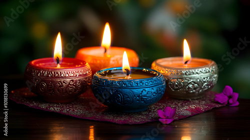 Colorful decorative candles lit on a vibrant surface.