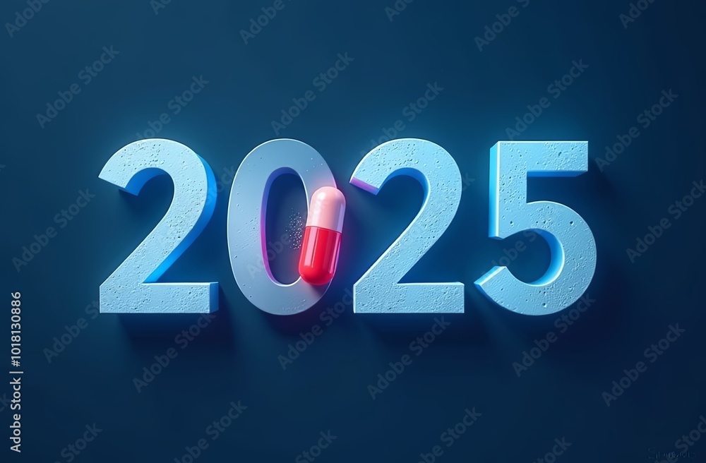 The medicine capsule with the blue number 2025. New year medical concept. Blue background The medicine capsule with the blue number 2025. New year medical concept. Blue background