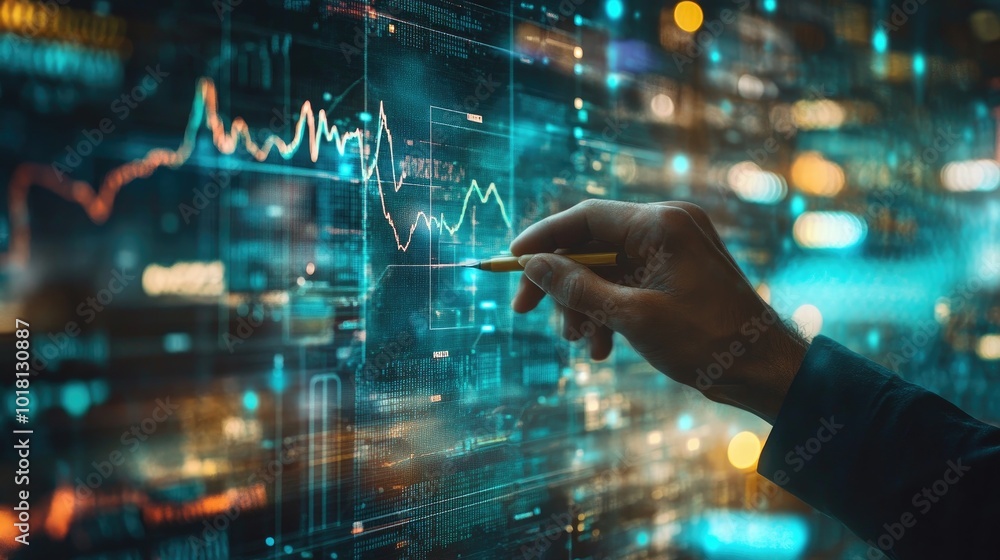Hand drawing a line graph on a transparent screen with futuristic data interfaces Hand drawing a line graph on a transparent screen with futuristic data interfaces