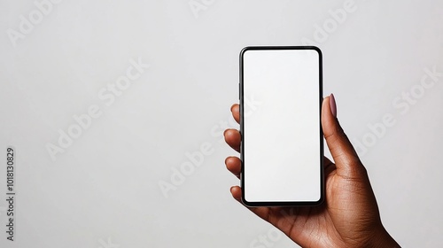 Close up of mature hand holding smartphone with blank screen isolated on while background. Black woman showing empty screen of modern cellphone. Mature hand showing white screen of smart phone