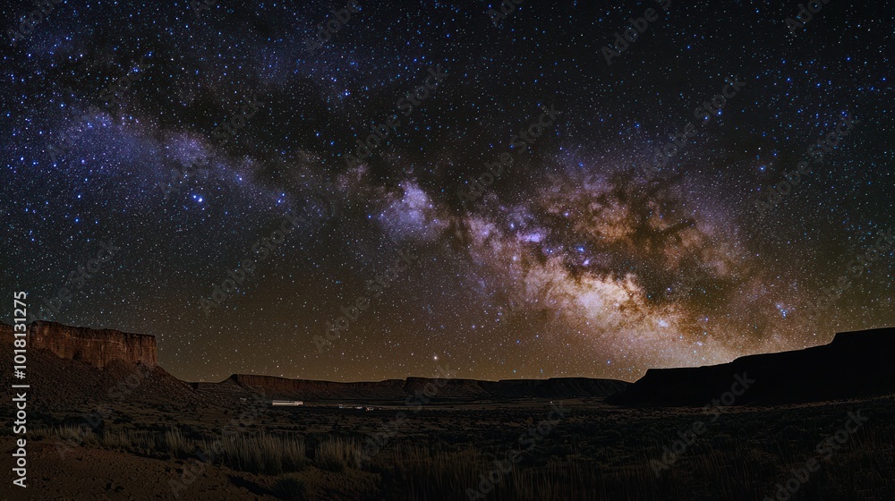 astronomy shown by an awe-inspiring view of the Milky Way galaxy stretching across the sky, captured from a remote desert landscape astronomy shown by an awe-inspiring view of the Milky Way galaxy stretching across the sky, captured from a remote desert landscape