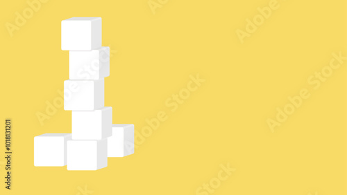 A stack of blank white cubes arranged vertically on a solid yellow background.