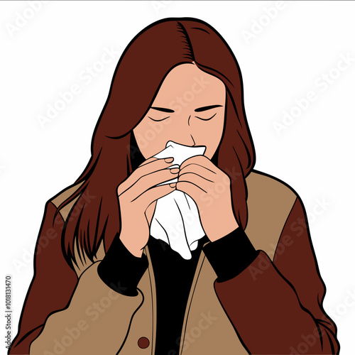 Young woman sneezing and holding tissue with discomfort expression on white background