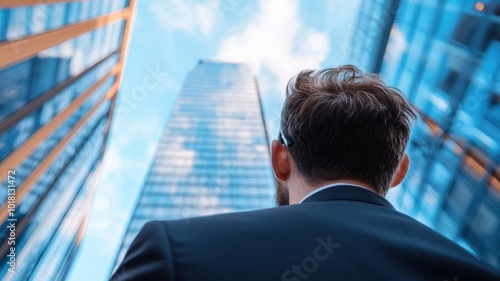 A professional man gazing up at a towering skyscraper, surrounded by modern architecture and blue skies.