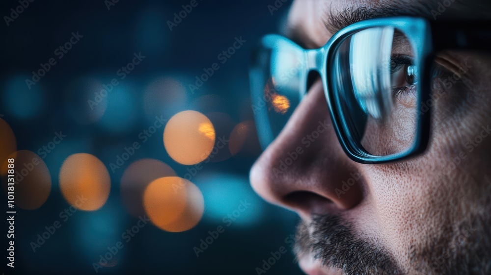 Close-up of a man wearing glasses, focused on a screen with blurred lights in the background, conveying concentration and clarity. Close-up of a man wearing glasses, focused on a screen with blurred lights in the background, conveying concentration and clarity.