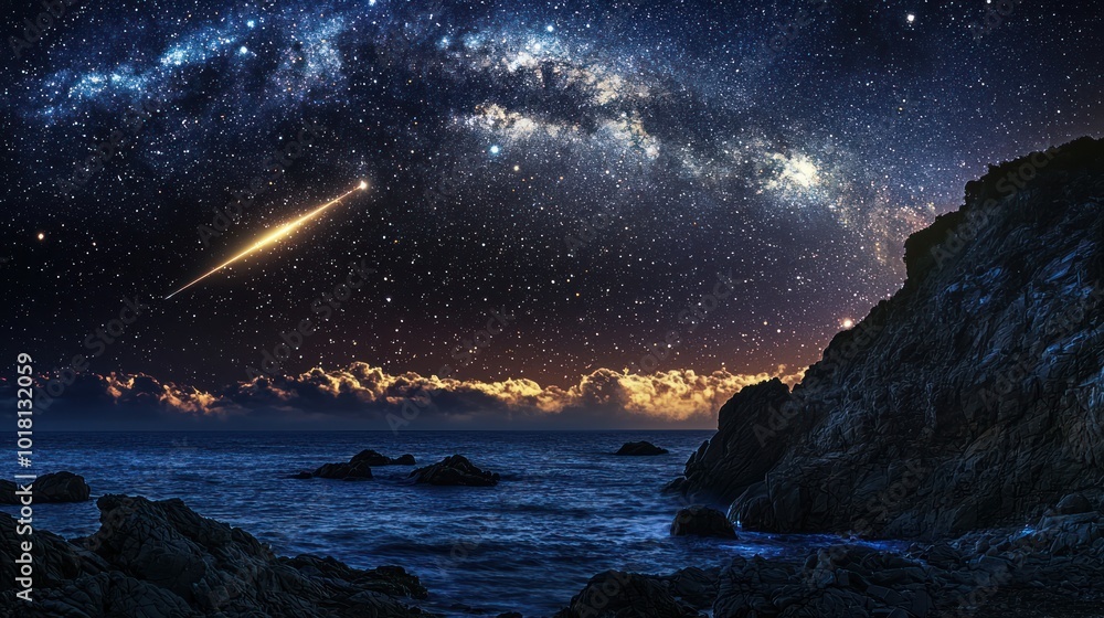 Conceptual image depicting an astounding moment in nature like a meteor shower illuminating a starry night Conceptual image depicting an astounding moment in nature like a meteor shower illuminating a starry night