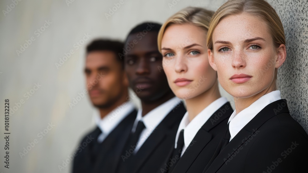 Four professionals in suits stand confidently in a line, embodying teamwork and collaboration in a corporate environment. Four professionals in suits stand confidently in a line, embodying teamwork and collaboration in a corporate environment.