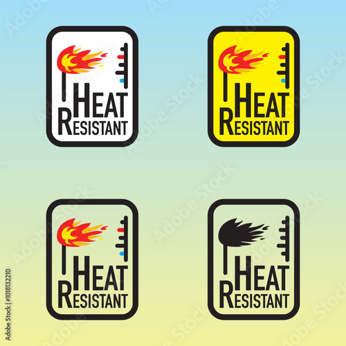 Heat Resistant. A set of icons with the inscription heat resistant. Warning sign. Simple illustration. Black, white, yellow and red colors. With a background and transparent.