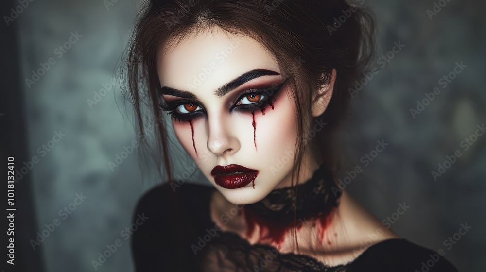 Fototapeta premium Eerie Vampire Model with Dark Makeup Effects