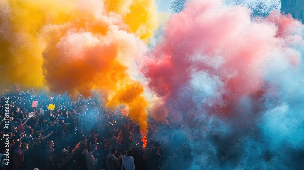Fototapeta premium Smoke from a flare spreading through a dense crowd during a protest, with the vibrant colors of the smoke contrasting against the determined faces of the demonstrators.