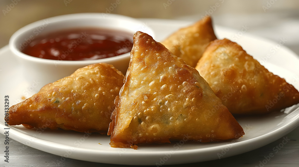 Crispy samosas served with dipping sauce on a plate. Crispy samosas served with dipping sauce on a plate.