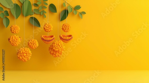 Diwali-Themed Decorative Marigold Flowers and Leaves Hanging Against a Bright Yellow Background