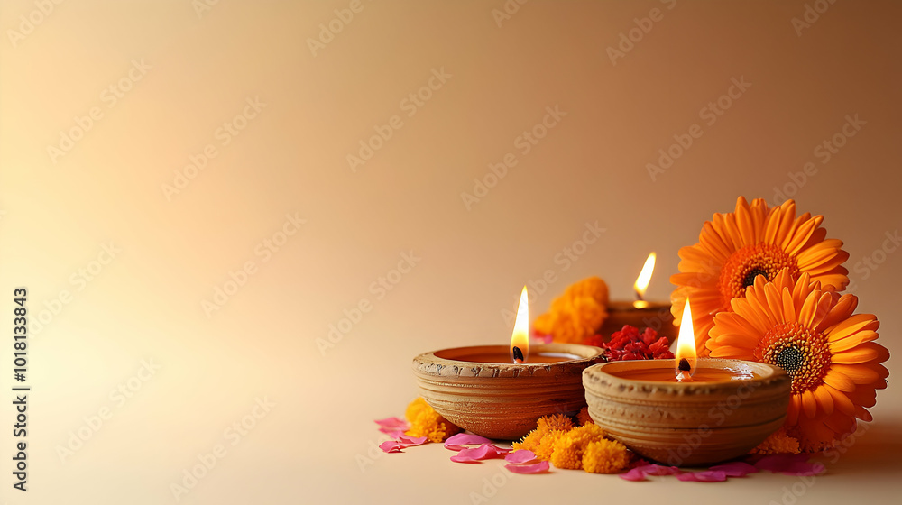 Decorative oil lamps surrounded by flowers for festive ambiance. Decorative oil lamps surrounded by flowers for festive ambiance.