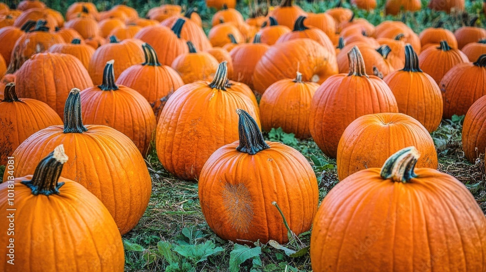 Vibrant pumpkin patch filled with mature pumpkins ready for picking Vibrant pumpkin patch filled with mature pumpkins ready for picking