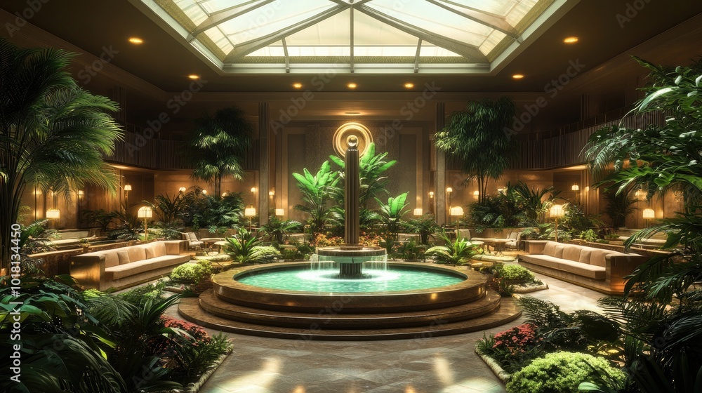 An extravagant 1980s winter garden featuring a grand central fountain An extravagant 1980s winter garden featuring a grand central fountain