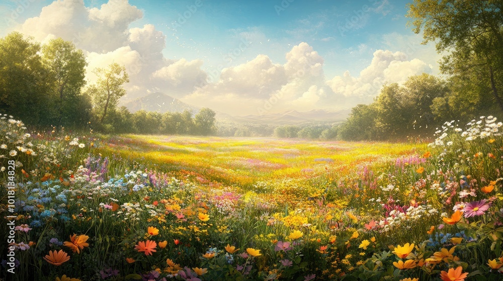 Wide view of a lush wildflower meadow with a mix of bright, blooming flowers and a gentle breeze Wide view of a lush wildflower meadow with a mix of bright, blooming flowers and a gentle breeze