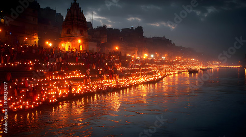 Evening scene with candles along a riverbank during a festival.