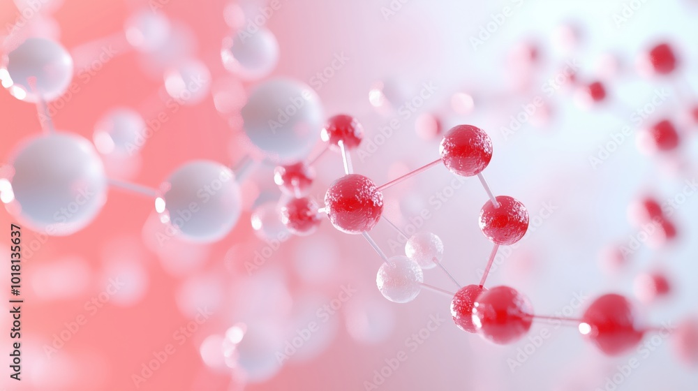 Molecular structure visualization, red and white spheres, abstract Molecular structure visualization, red and white spheres, abstract