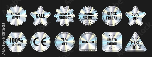 Sticker with a holographic effect. Hologram various geometric shapes. Set of tags with metal texture Sale, Black friday,100% original, offer, discount, Best price, Premium product,50%, 70%
