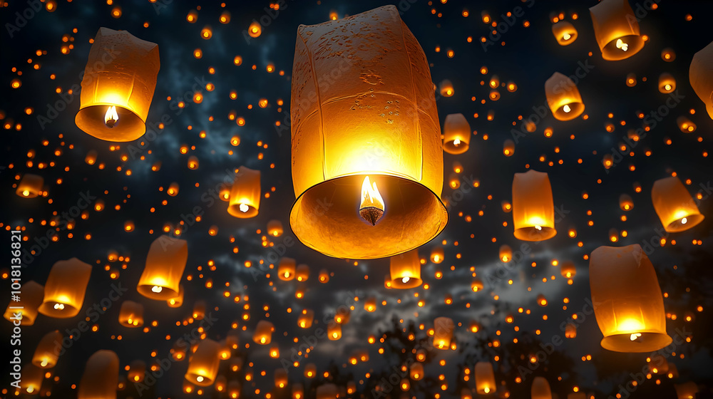 Obraz premium Floating lanterns illuminating the night sky during a celebration.