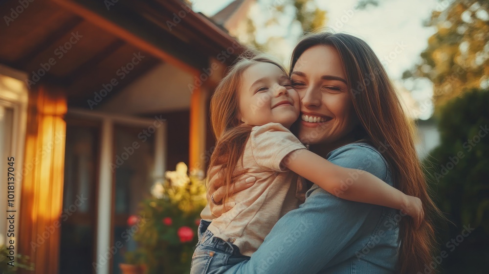 Fototapeta premium A woman is holding a young girl in her arms