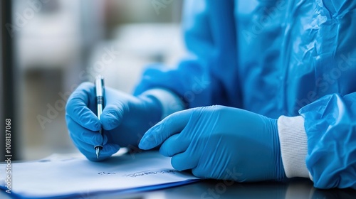 Close-up of gloved hands of clinician with pen writing down sample name