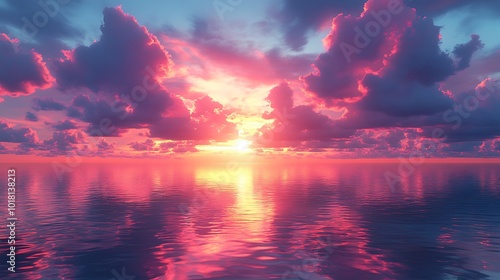 Dramatic sunset over a calm sea with pink and orange clouds reflecting in the water.