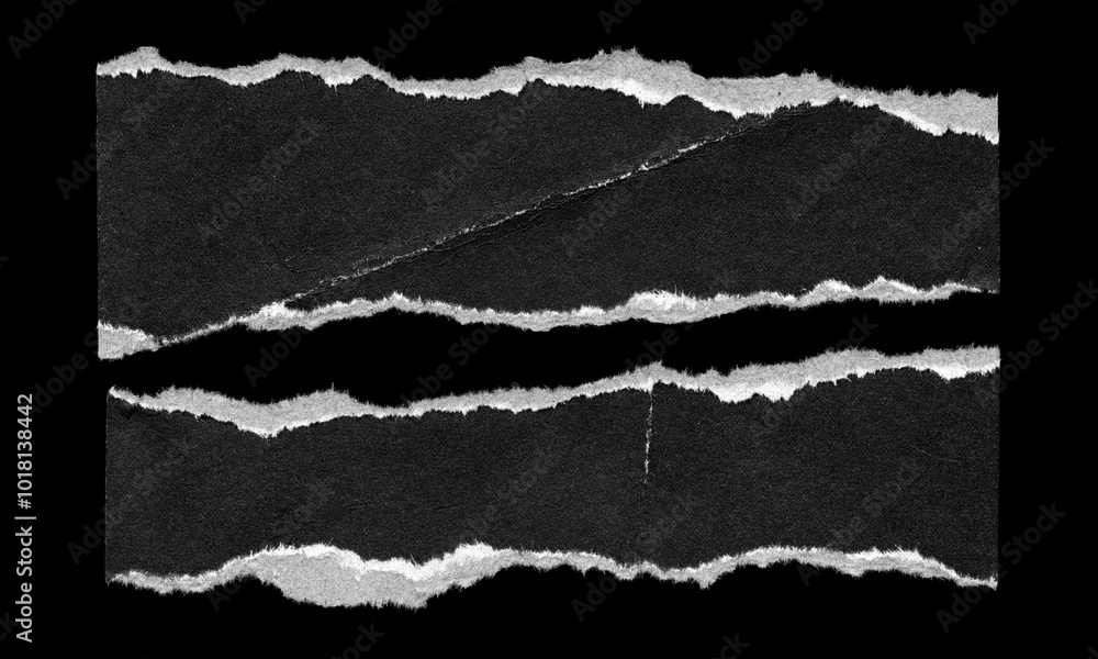 Set of Two Torn Paper Strips with Rough Edges and Empty Space on Black Background for Collage and grunge design Set of Two Torn Paper Strips with Rough Edges and Empty Space on Black Background for Collage and grunge design