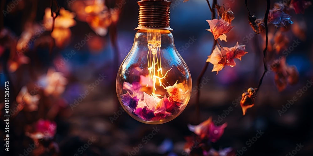 A glowing light bulb adorned with delicate petals, suspended amidst a backdrop of warm hues and vibrant colors. A glowing light bulb adorned with delicate petals, suspended amidst a backdrop of warm hues and vibrant colors.