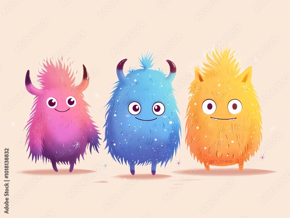 Fototapeta premium Fluffy creatures, with sparkles, flat design illustration