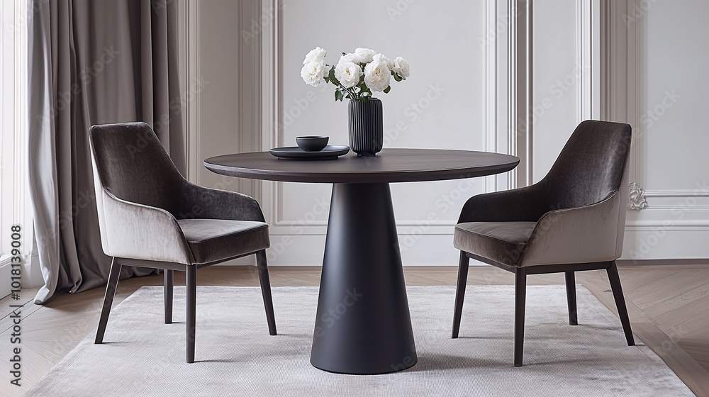 Elegant minimalist dining setup with two velvet chairs, a round dark wood table, and a single vase with white roses in soft natural light Elegant minimalist dining setup with two velvet chairs, a round dark wood table, and a single vase with white roses in soft natural light