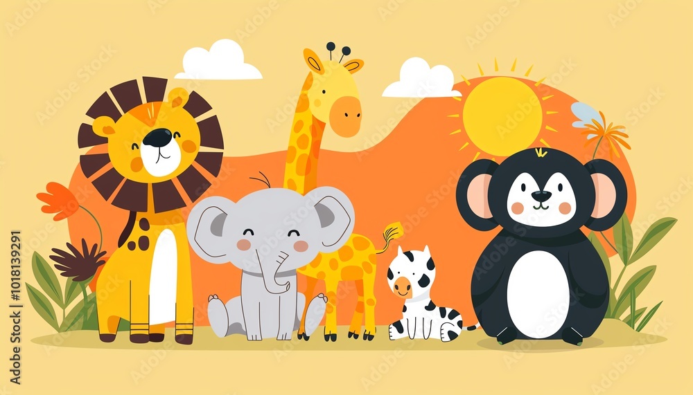 Naklejka premium Playful animals, enjoying the sun, flat design illustration