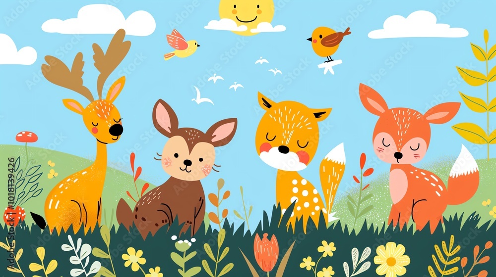 Naklejka premium Playful animals, in a meadow, flat design illustration
