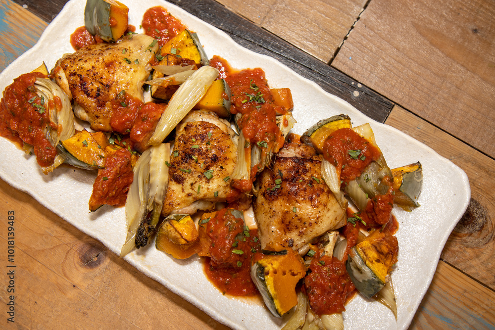 A plate of delicious Chipotle chicken with squash and fennel on a wooden kitchen work top