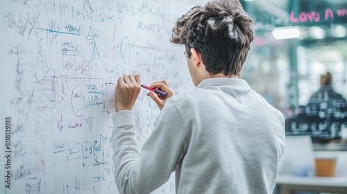 Back view of high school student solving math problem on whiteboard in classroom. Young man writing math solution on white board using marker. College guy solving math expression during lesson.