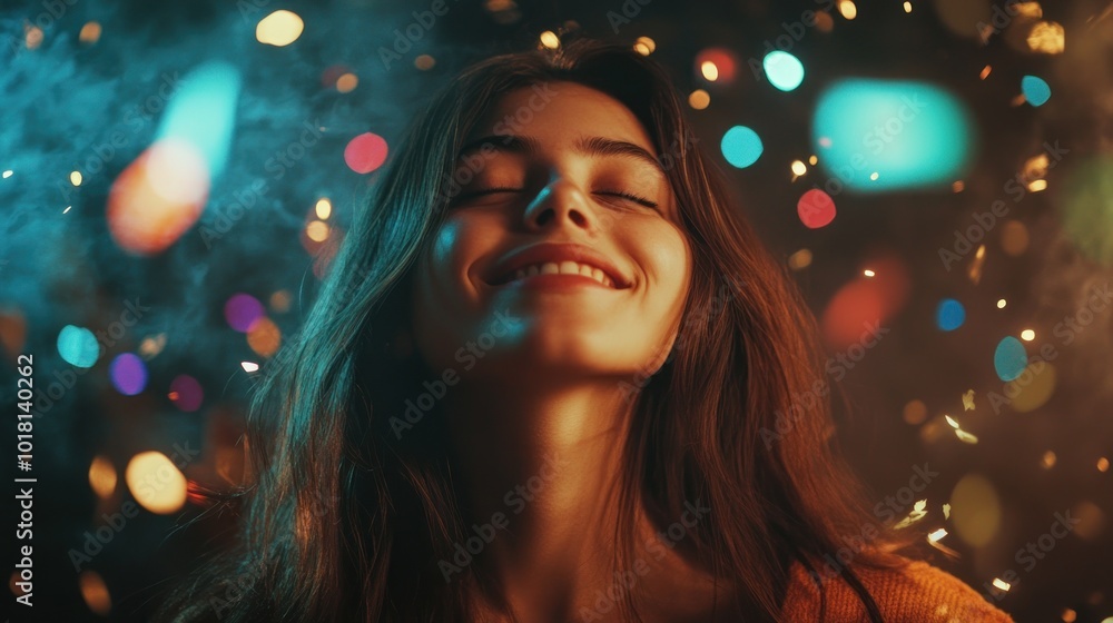 Joyful Woman Under Confetti Lights Joyful Woman Under Confetti Lights
