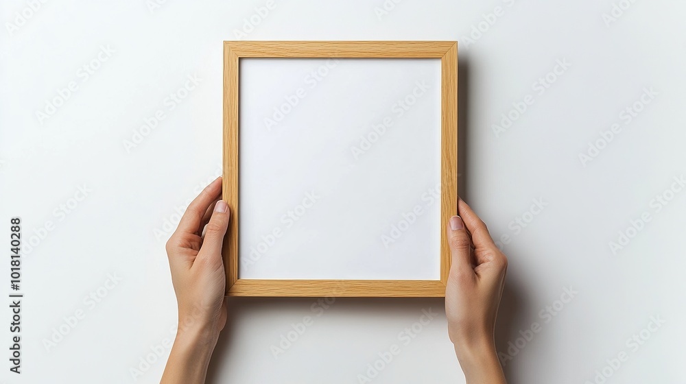 20h A mockup of an A4 wooden frame on the wall, with hands holding it from below, white background, natural lighting, hyper-realistic photography. 20h A mockup of an A4 wooden frame on the wall, with hands holding it from below, white background, natural lighting, hyper-realistic photography.