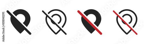 No GPS vector icons. Invalid location signs. Prohibited pointer vector symbols. Invalid location icon