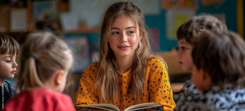 Obraz premium a young girl sitting in a classroom, reading a book to a group of children. She is wearing a yellow blouse with black polka dots and has long blonde hair. 