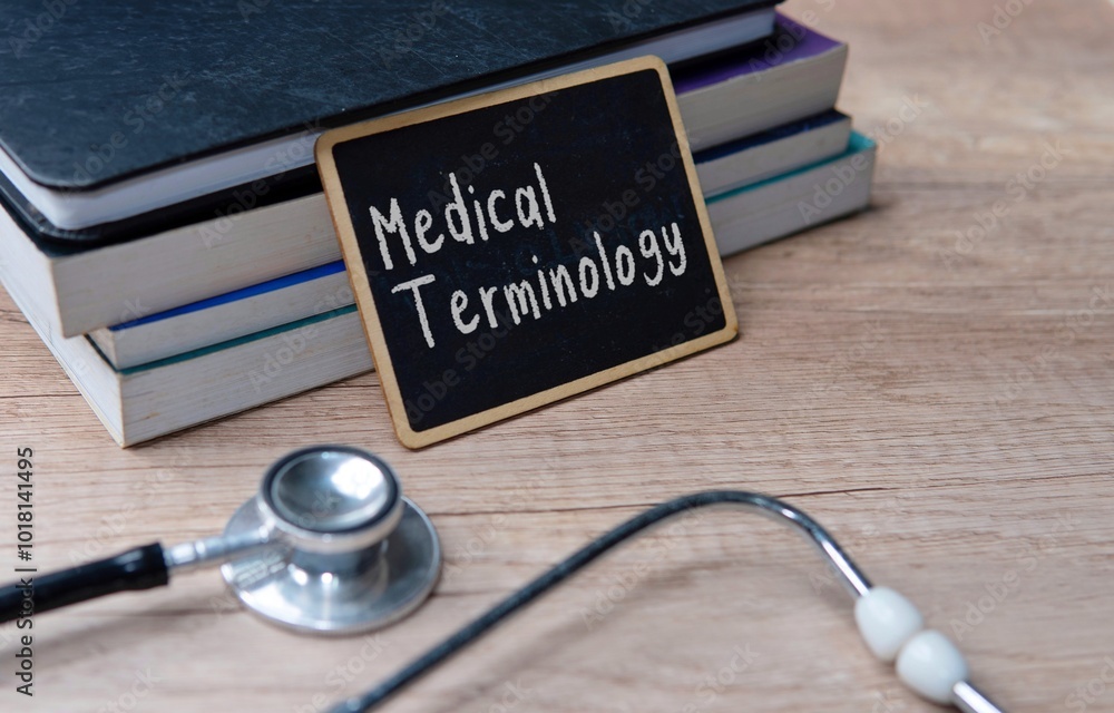 Ταπετσαρία A chalkboard with the words Medical Terminology next to a stack of textbooks and a stethoscope