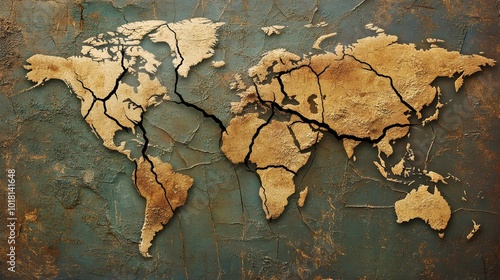 Fototapeta Naklejka Na Ścianę i Meble -  A world map with deep cracks splitting between nations, visually portraying fractured trade routes and broken connections, symbolizing global conflict and strained economic ties 