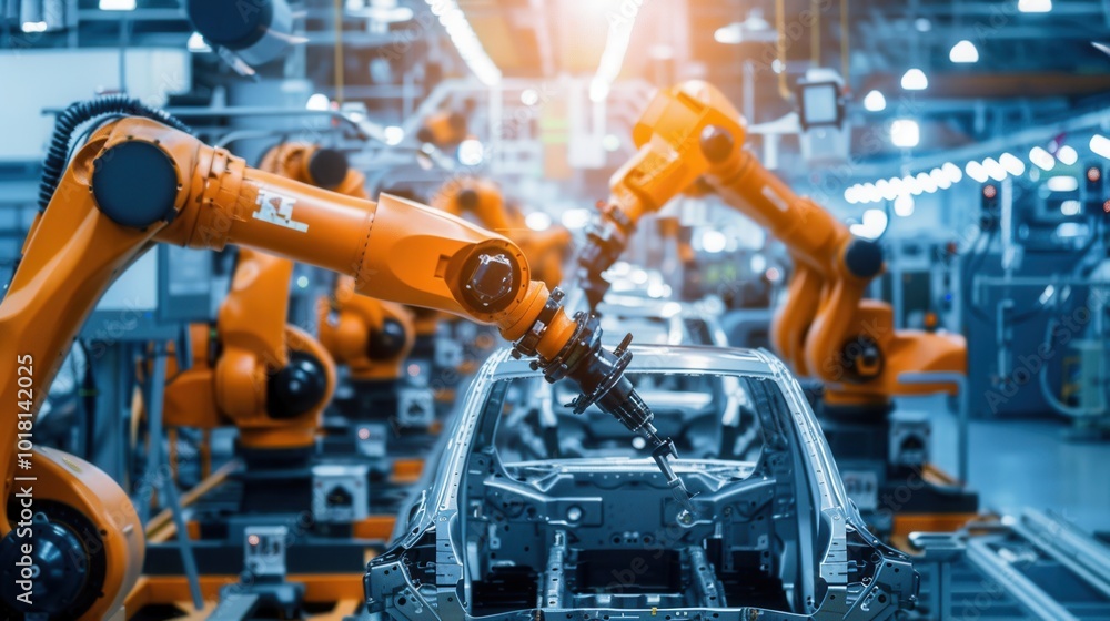 Robotic arms work meticulously to assemble various parts of a vehicle in a high-tech automotive manufacturing plant. Generative AI Robotic arms work meticulously to assemble various parts of a vehicle in a high-tech automotive manufacturing plant. Generative AI