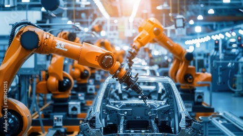 Robotic arms work meticulously to assemble various parts of a vehicle in a high-tech automotive manufacturing plant. Generative AI