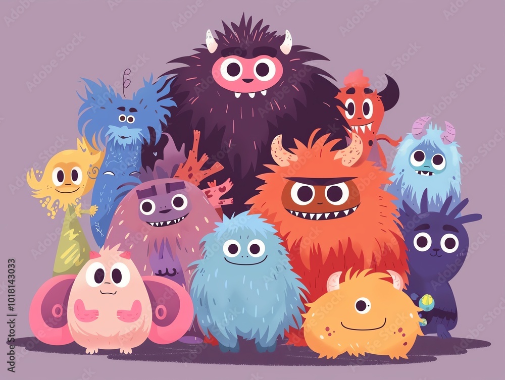 Fluffy creatures, with toys, flat design illustration Fluffy creatures, with toys, flat design illustration