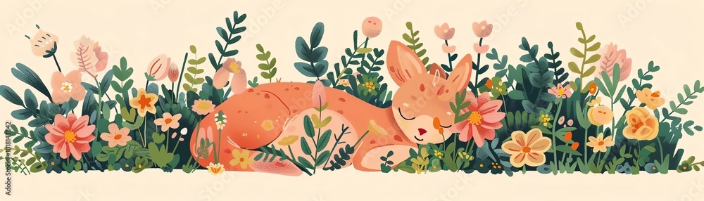 Sleeping animals, surrounded by flowers, flat design illustration Sleeping animals, surrounded by flowers, flat design illustration