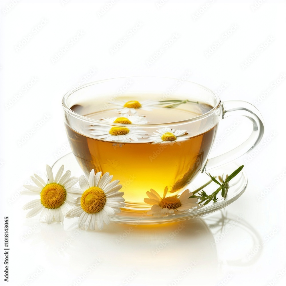 A calming cup of chamomile tea rests on a glass saucer. The tea features delicate chamomile flowers floating atop a golden brew. This serene image evokes relaxation and warmth. AI A calming cup of chamomile tea rests on a glass saucer. The tea features delicate chamomile flowers floating atop a golden brew. This serene image evokes relaxation and warmth. AI