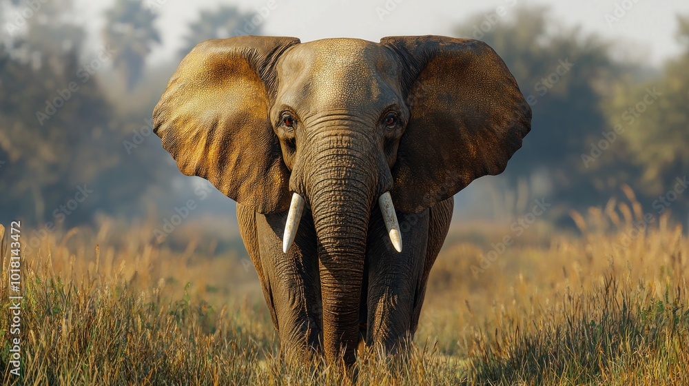 Fototapeta premium A majestic elephant stands in a grassy landscape at dawn.
