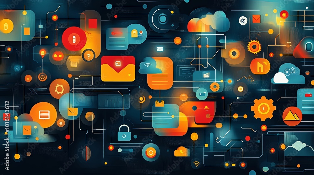 Abstract Network of Interconnected Shapes and Icons Representing Digital Communication and Technology Abstract Network of Interconnected Shapes and Icons Representing Digital Communication and Technology