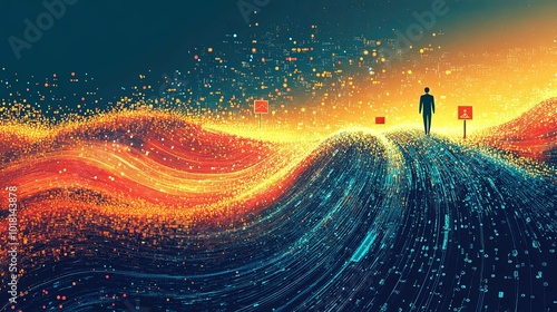 A lone figure walking on a digital landscape